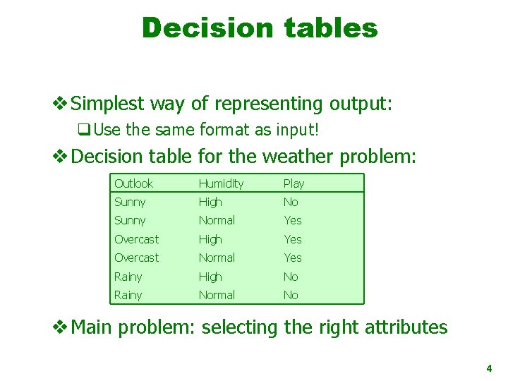 Decision tables v Simplest way of representing output: q. Use the same format as
