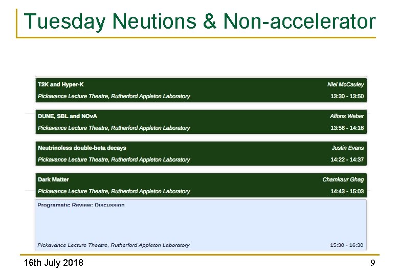 Tuesday Neutions & Non-accelerator 16 th July 2018 9 