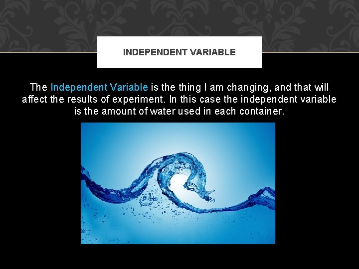 INDEPENDENT VARIABLE The Independent Variable is the thing I am changing, and that will