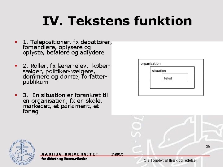 IV. Tekstens funktion § 1. Talepositioner, fx debattører, forhandlere, oplysere og oplyste, befalere og