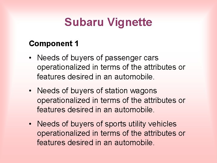 Subaru Vignette Component 1 • Needs of buyers of passenger cars operationalized in terms