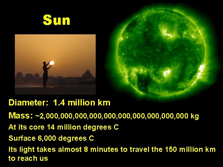 Sun Diameter: 1. 4 million km Mass: ~2, 000, 000, 000 kg At its