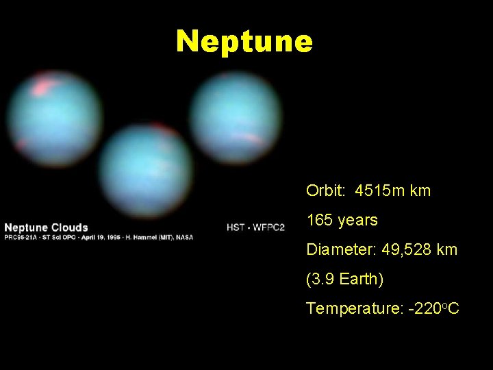 Neptune Orbit: 4515 m km 165 years Diameter: 49, 528 km (3. 9 Earth)