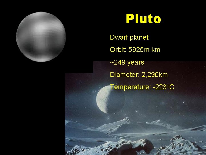 Pluto Dwarf planet Orbit: 5925 m km ~249 years Diameter: 2, 290 km Temperature: