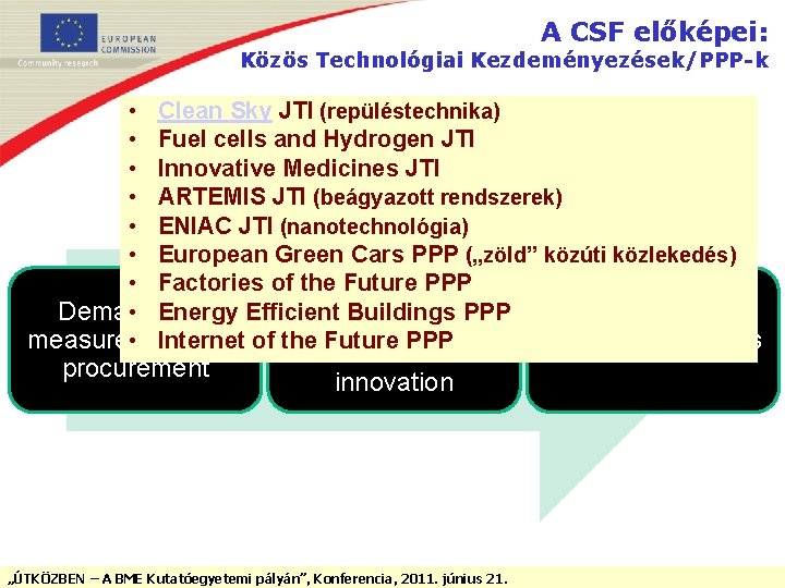 A CSF előképei: Közös Technológiai Kezdeményezések/PPP-k • Clean Sky JTI (repüléstechnika) • Fuel cells