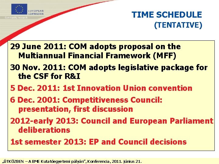 TIME SCHEDULE (TENTATIVE) 29 June 2011: COM adopts proposal on the Multiannual Financial Framework