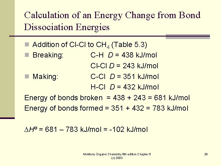 Calculation of an Energy Change from Bond Dissociation Energies n Addition of Cl-Cl to Calculation of an Energy Change from Bond Dissociation Energies n Addition of Cl-Cl to