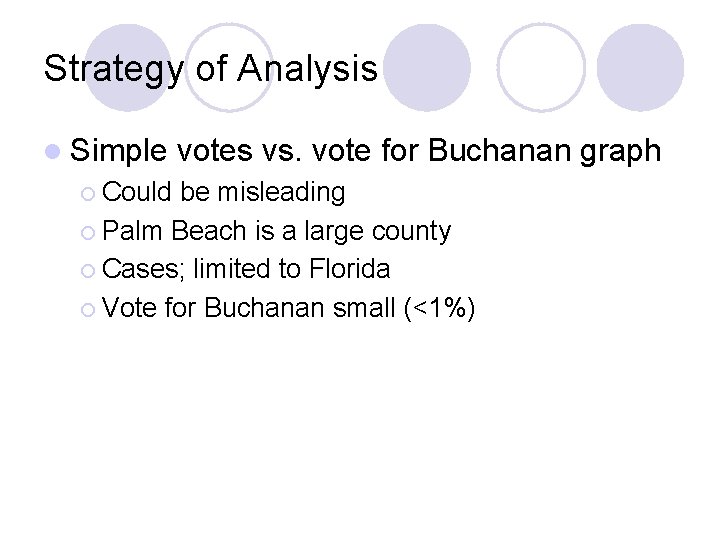 Strategy of Analysis l Simple ¡ Could votes vs. vote for Buchanan graph be