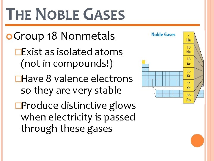 THE NOBLE GASES Group 18 Nonmetals �Exist as isolated atoms (not in compounds!) �Have