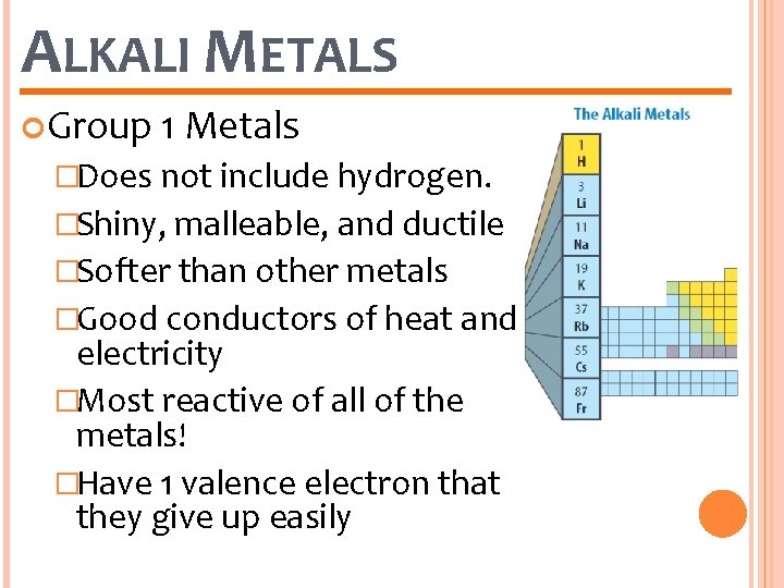 ALKALI METALS Group 1 Metals �Does not include hydrogen. �Shiny, malleable, and ductile �Softer