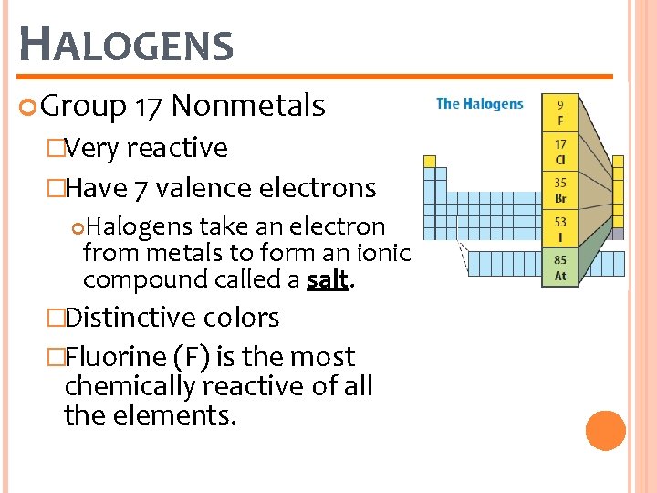 HALOGENS Group 17 Nonmetals �Very reactive �Have 7 valence electrons Halogens take an electron