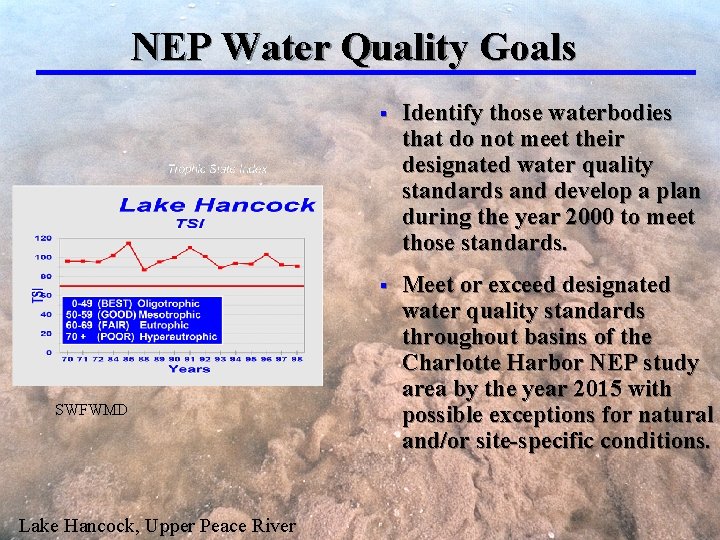 NEP Water Quality Goals SWFWMD Lake Hancock, Upper Peace River § Identify those waterbodies