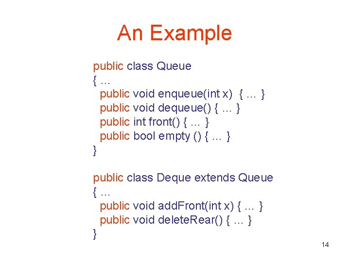 An Example public class Queue {… public void enqueue(int x) { … } public