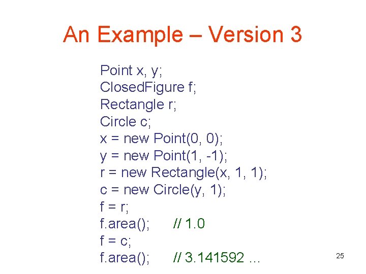 An Example – Version 3 Point x, y; Closed. Figure f; Rectangle r; Circle