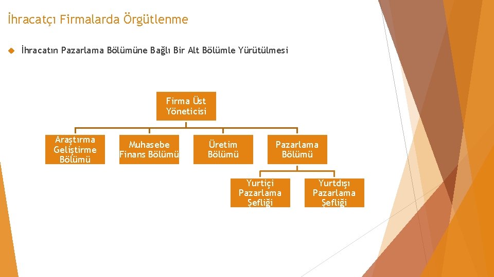 İhracatçı Firmalarda Örgütlenme İhracatın Pazarlama Bölümüne Bağlı Bir Alt Bölümle Yürütülmesi Firma Üst Yöneticisi