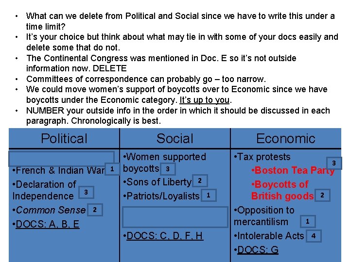  • What can we delete from Political and Social since we have to