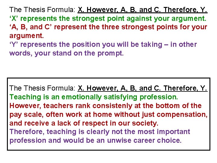 The Thesis Formula: X. However, A, B, and C. Therefore, Y. ‘X’ represents the