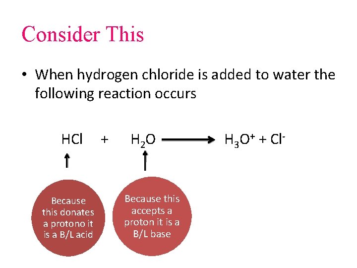 Consider This • When hydrogen chloride is added to water the following reaction occurs