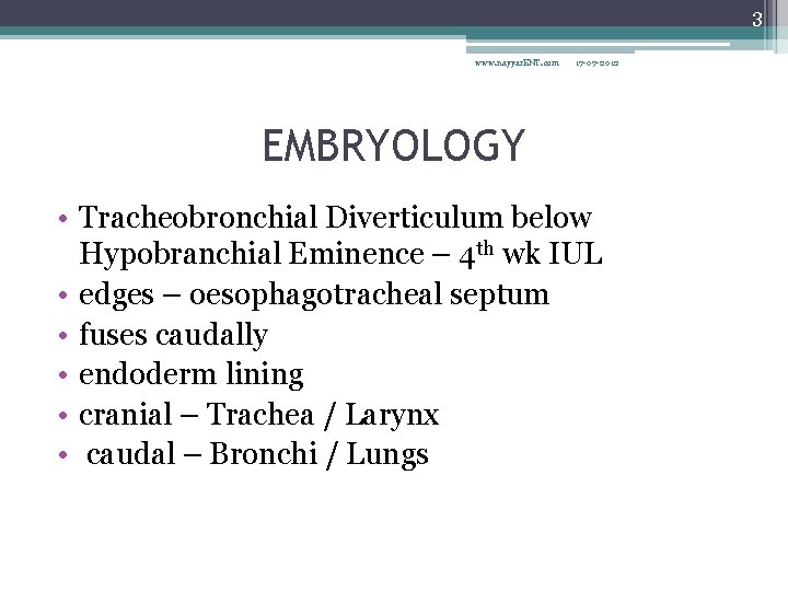 3 www. nayyar. ENT. com 17 -07 -2012 EMBRYOLOGY • Tracheobronchial Diverticulum below Hypobranchial