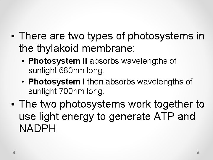  • There are two types of photosystems in the thylakoid membrane: • Photosystem