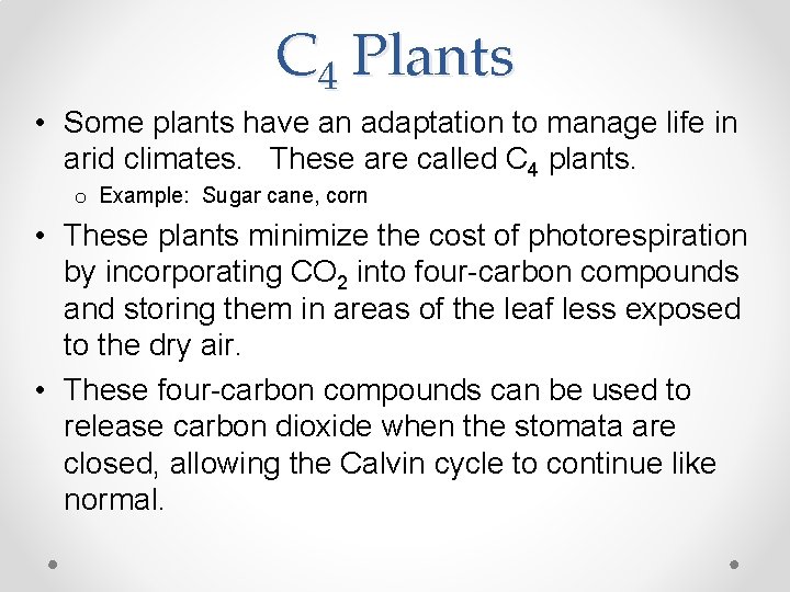 C 4 Plants • Some plants have an adaptation to manage life in arid