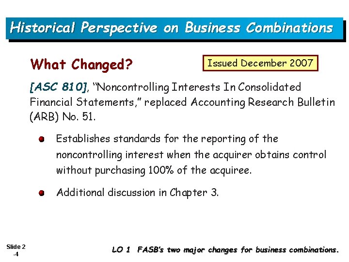 Historical Perspective on Business Combinations What Changed? Issued December 2007 [ASC 810], “Noncontrolling Interests