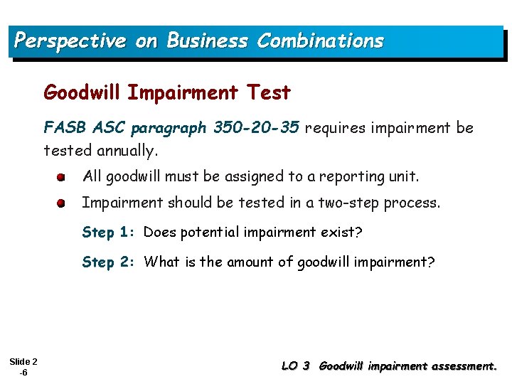 Perspective on Business Combinations Goodwill Impairment Test FASB ASC paragraph 350 -20 -35 requires
