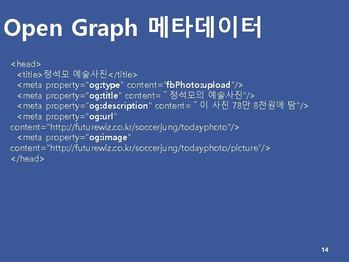 Open Graph 메타데이터 <head> <title>정석모 예술사진</title> <meta property="og: type" content=“fb. Photo: upload"/> <meta property="og: