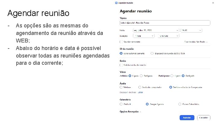 Agendar reunião - - As opções são as mesmas do agendamento da reunião através