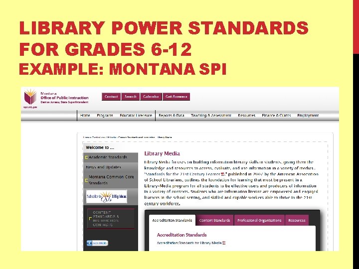 LIBRARY POWER STANDARDS FOR GRADES 6 -12 EXAMPLE: MONTANA SPI 
