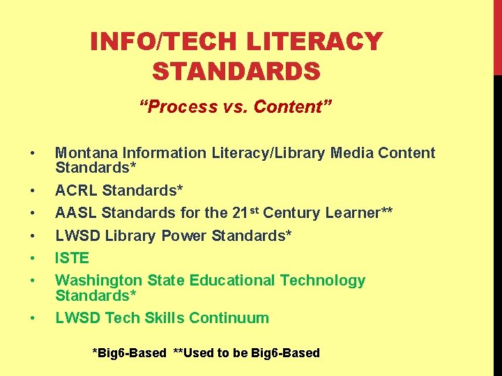 INFO/TECH LITERACY STANDARDS “Process vs. Content” • • Montana Information Literacy/Library Media Content Standards*