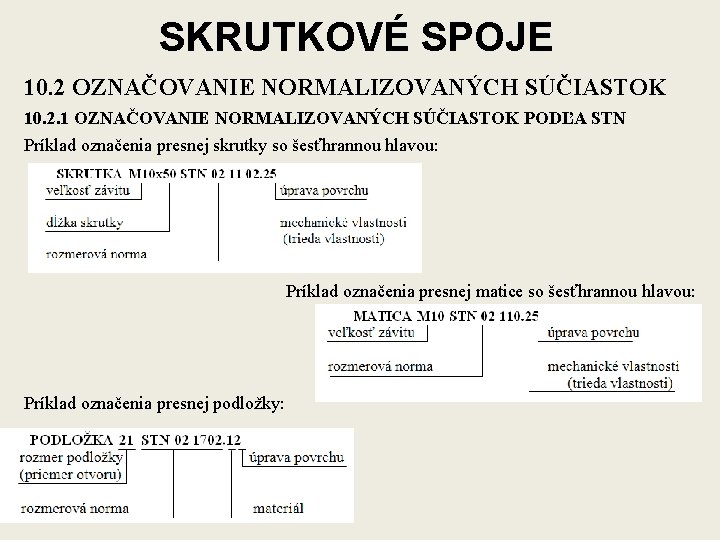 SKRUTKOVÉ SPOJE 10. 2 OZNAČOVANIE NORMALIZOVANÝCH SÚČIASTOK 10. 2. 1 OZNAČOVANIE NORMALIZOVANÝCH SÚČIASTOK PODĽA