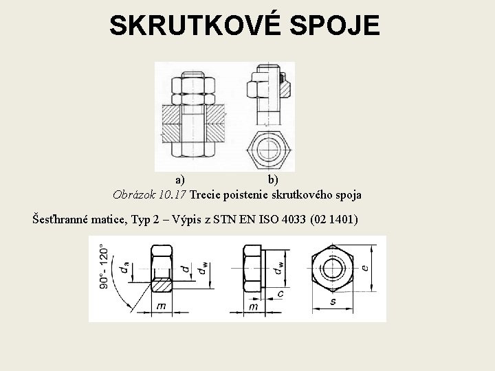 SKRUTKOVÉ SPOJE a) b) Obrázok 10. 17 Trecie poistenie skrutkového spoja Šesťhranné matice, Typ