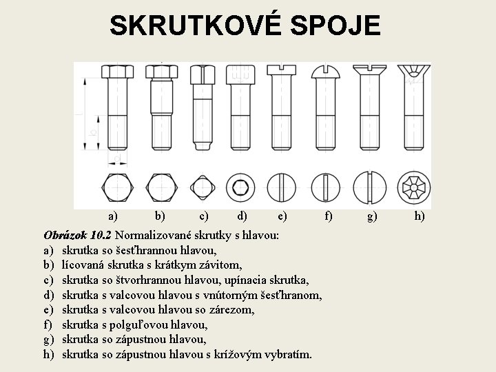 SKRUTKOVÉ SPOJE a) b) c) d) e) Obrázok 10. 2 Normalizované skrutky s hlavou: