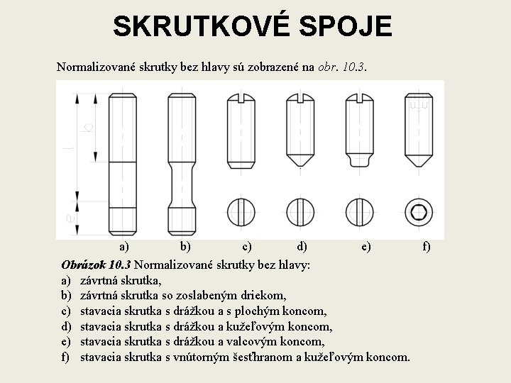 SKRUTKOVÉ SPOJE Normalizované skrutky bez hlavy sú zobrazené na obr. 10. 3. a) b)