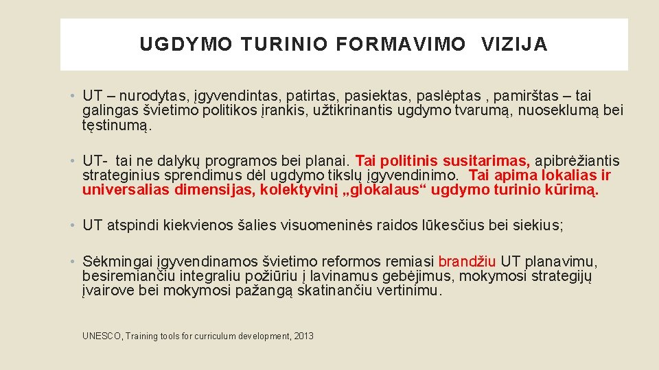 UGDYMO TURINIO FORMAVIMO VIZIJA • UT – nurodytas, įgyvendintas, patirtas, pasiektas, paslėptas , pamirštas