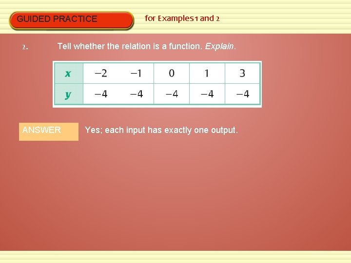 GUIDED PRACTICE 2. for Examples 1 and 2 Tell whether the relation is a