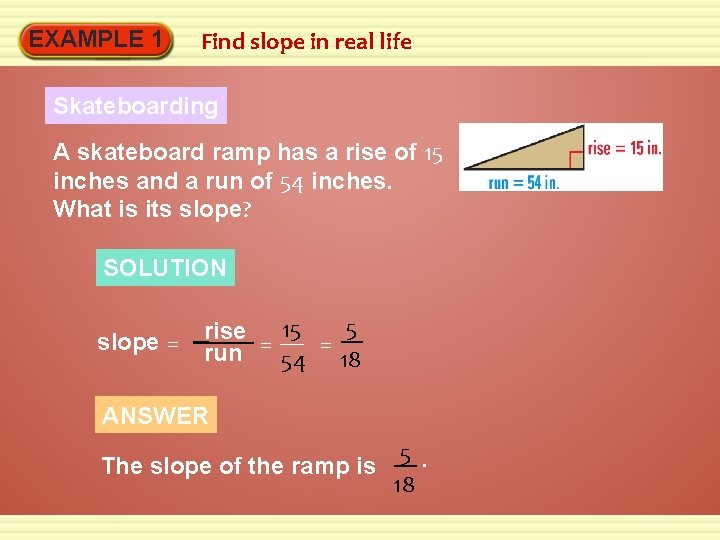 EXAMPLE 1 Find slope in real life Skateboarding A skateboard ramp has a rise