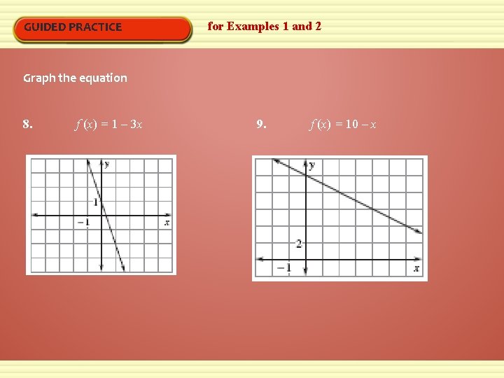 GUIDED PRACTICE for Examples 1 and 2 Graph the equation 8. f (x) =
