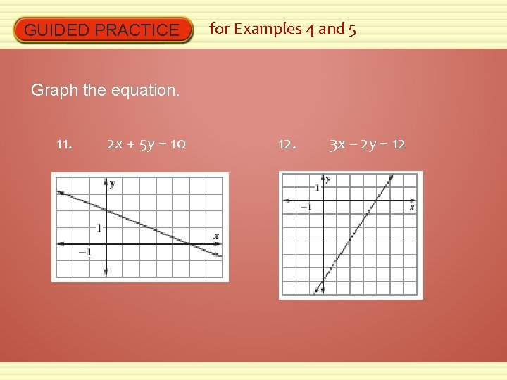 GUIDED PRACTICE for Examples 4 and 5 Graph the equation. 11. 2 x +