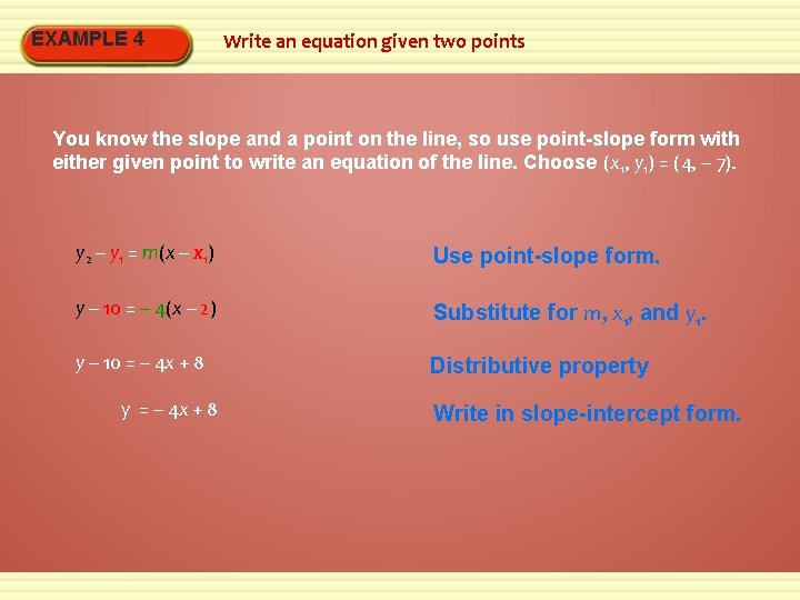 EXAMPLE 4 Write an equation given two points You know the slope and a