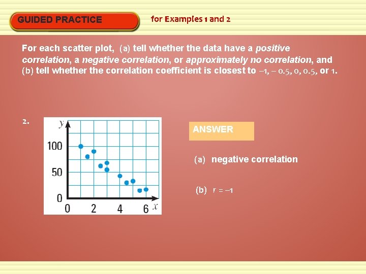 GUIDED PRACTICE for Examples 1 and 2 For each scatter plot, (a) tell whether