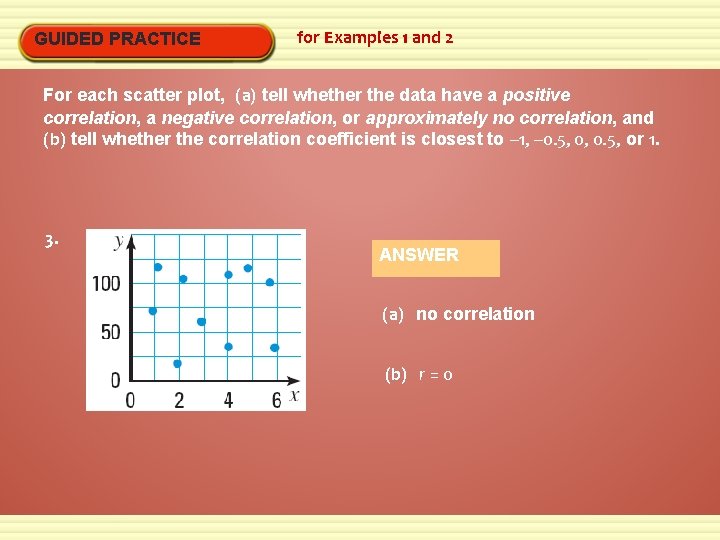 GUIDED PRACTICE for Examples 1 and 2 For each scatter plot, (a) tell whether