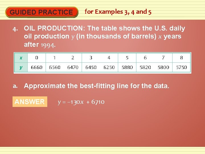 GUIDED PRACTICE for Examples 3, 4 and 5 4. OIL PRODUCTION: The table shows