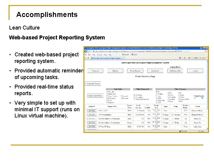 Accomplishments Lean Culture Web-based Project Reporting System • Created web-based project reporting system. •