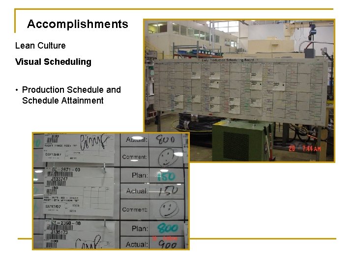 Accomplishments Lean Culture Visual Scheduling • Production Schedule and Schedule Attainment 
