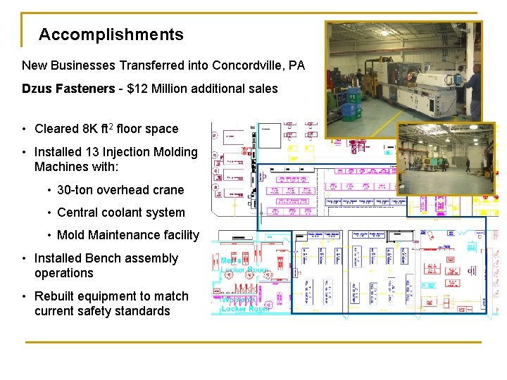 Accomplishments New Businesses Transferred into Concordville, PA Dzus Fasteners - $12 Million additional sales