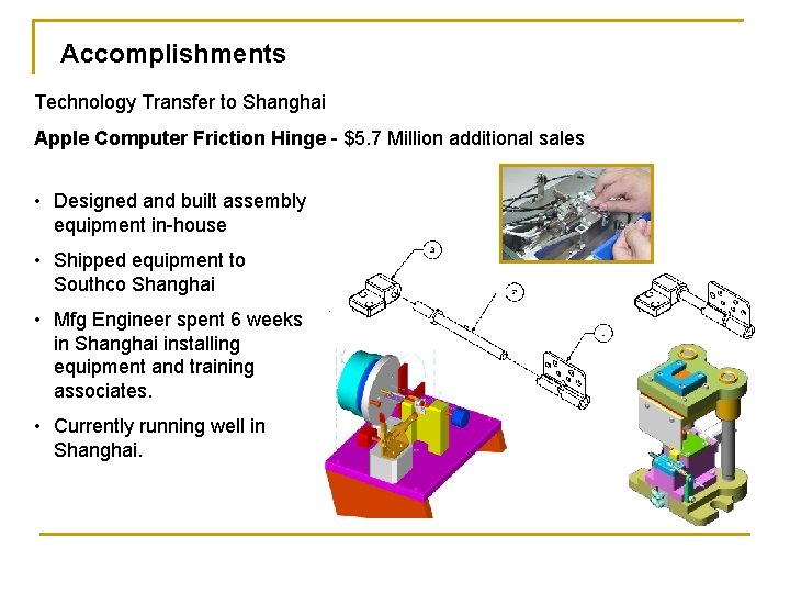 Accomplishments Technology Transfer to Shanghai Apple Computer Friction Hinge - $5. 7 Million additional