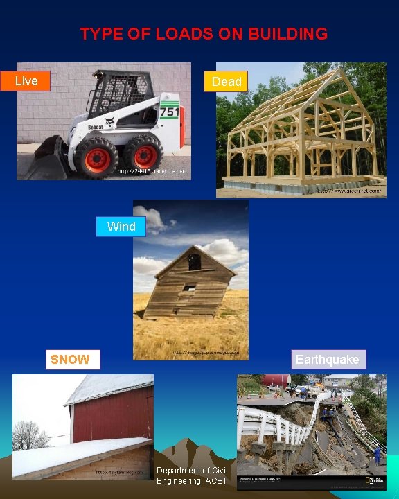 TYPE OF LOADS ON BUILDING Live Dead Wind Earthquake SNOW Department of Civil Engineering,