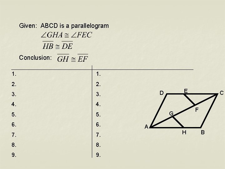 Given: ABCD is a parallelogram Conclusion: 1. 2. 3. 4. 5. 6. 7. 8.